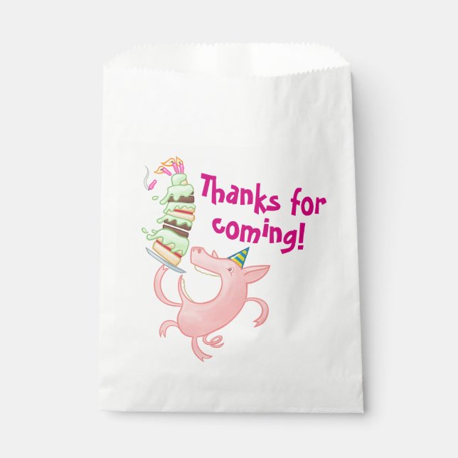 Funny Pig Birthday Cake Thanks For Coming! Cartoon Favour Bag (Front)