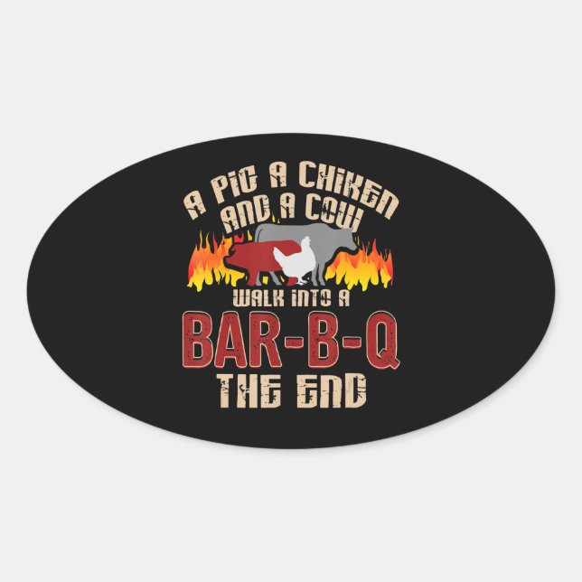 Funny Pig Chicken Cow Bar B Q Bbq Chef Cookie Cook Oval Sticker (Front)