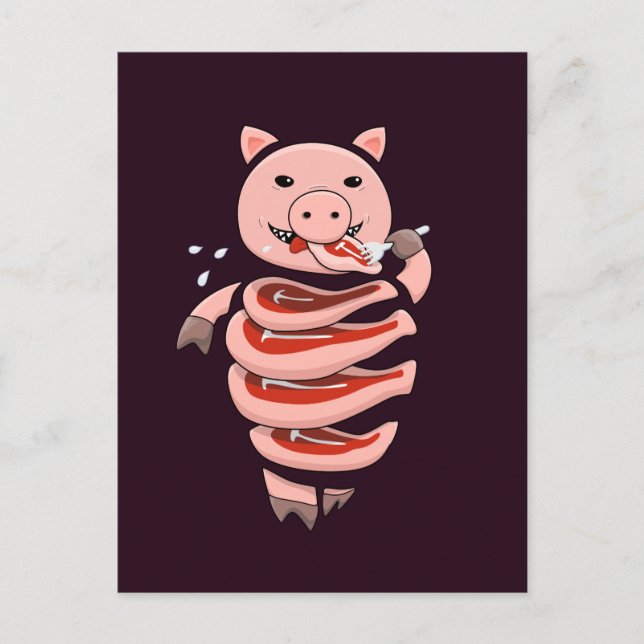 Funny Pig Eating Steaks From Itself Postcard (Front)