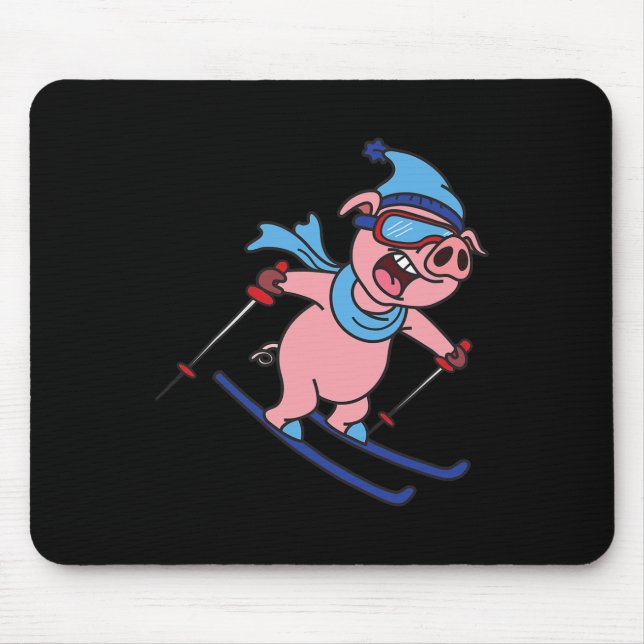 Funny Pig Go Skiing Design Gift Winter Holidays  Mouse Pad (Front)