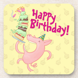 Funny Pig Happy Birthday! Giant Layer Cake Cartoon Coaster