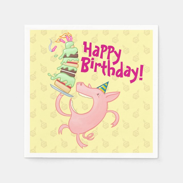 Funny Pig Happy Birthday! Giant Layer Cake Cartoon Napkin (Front)