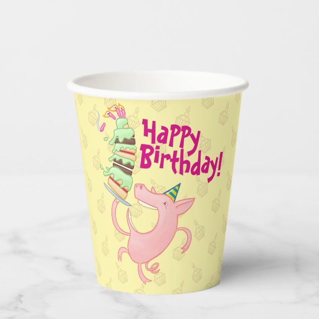 Funny Pig Happy Birthday! Giant Layer Cake Cartoon Paper Cups (Front)