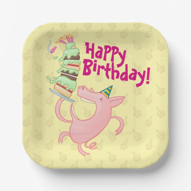 Funny Pig Happy Birthday! Giant Layer Cake Cartoon Paper Plate (Front)