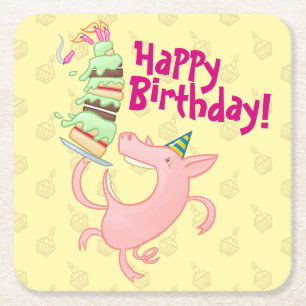 Funny Pig Happy Birthday! Giant Layer Cake Cartoon Square Paper Coaster
