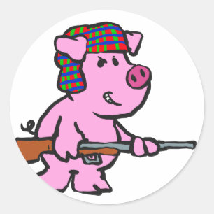Funny pig hunter cartoon choose background colou classic round sticker