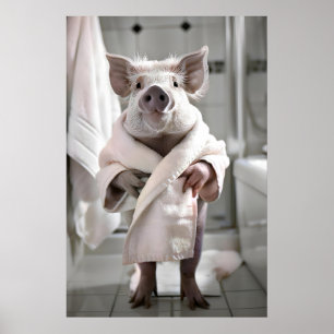 Funny Pig in Bathrobe, Bathroom Wall Art, Cute Poster