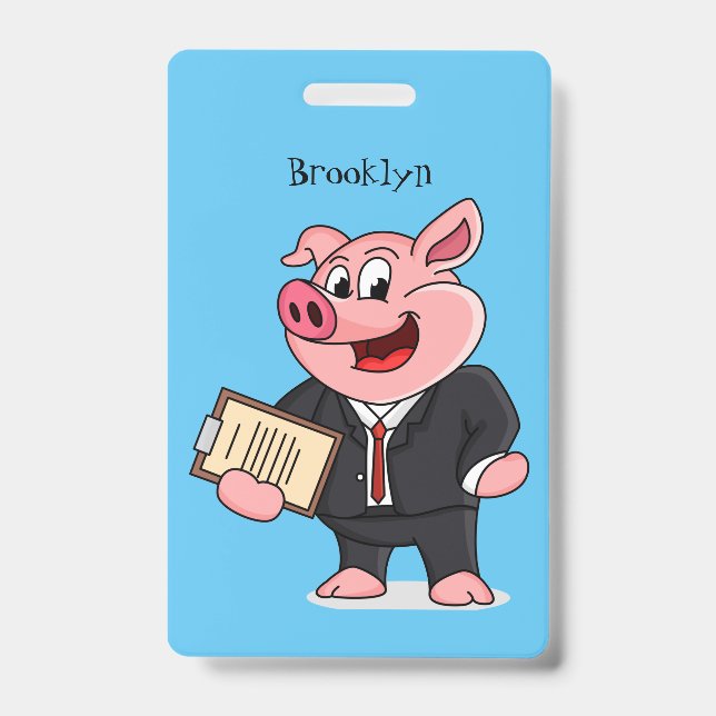 Funny pig in business suit cartoon badge (Front)
