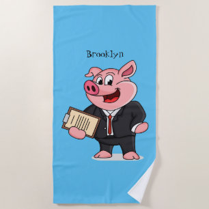 Funny pig in business suit cartoon beach towel