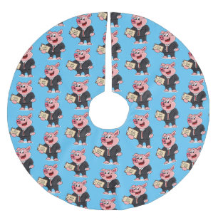 Funny pig in business suit cartoon brushed polyester tree skirt