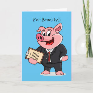 Funny pig in business suit cartoon card