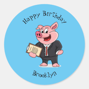 Funny pig in business suit cartoon classic round sticker