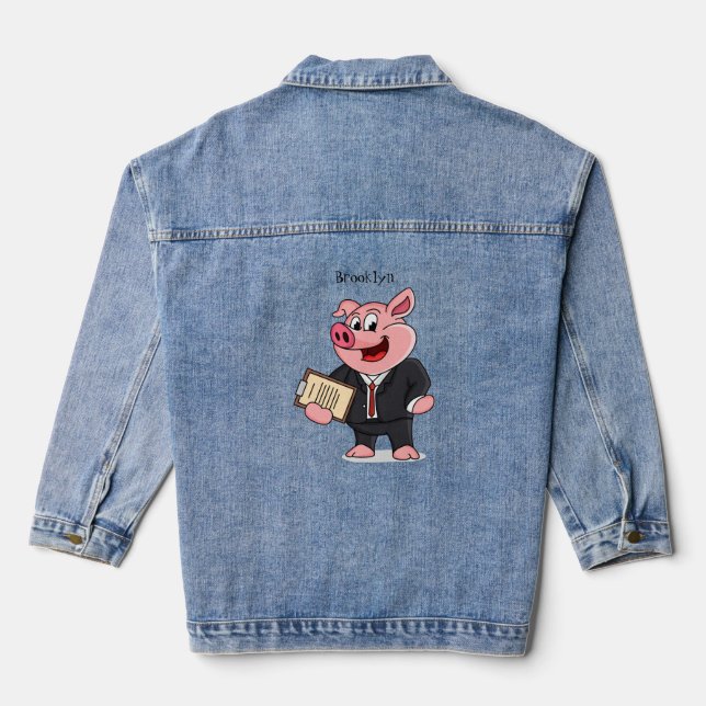 Funny pig in business suit cartoon denim jacket (Back)