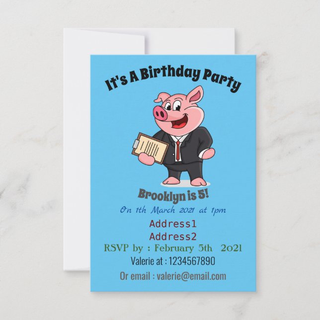 Funny pig in business suit cartoon invitation
