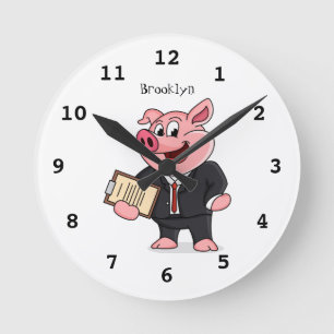 Funny pig in business suit cartoon  round clock