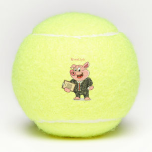 Funny pig in business suit cartoon tennis balls