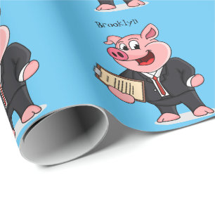 Funny pig in business suit cartoon wrapping paper