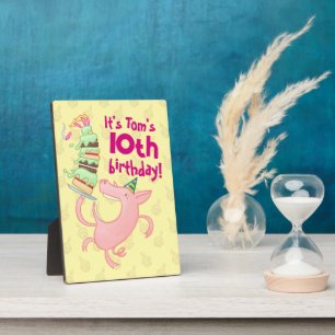 Funny Pig Name & Age Birthday Party Cake Cartoon Plaque