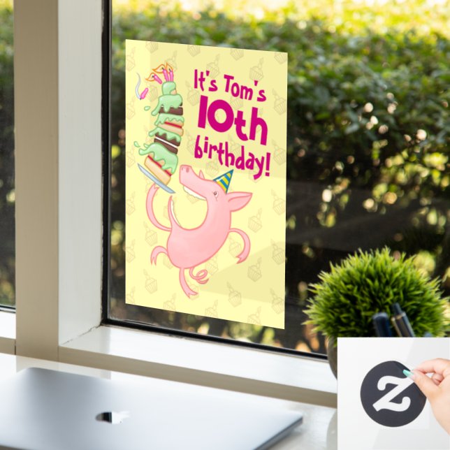 Funny Pig Name & Age Birthday Party Cake Cartoon Window Cling (Office)