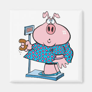 funny pig on a diet eating a doughnut on a scale magnet