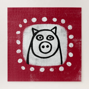 Funny Pig On Red Jigsaw Puzzle