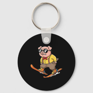 Funny Pig On Skis Alpine Snow Mountain Racer Keychain