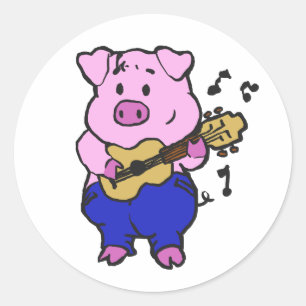 Funny Pig playing guitar choose background colou Classic Round Sticker