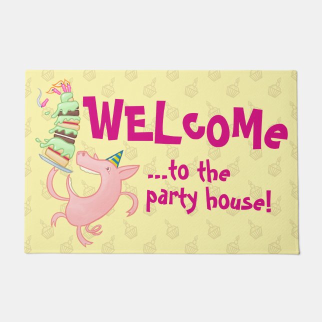 Funny Pig Welcome To The Party House Cake Cartoon Doormat (Front)
