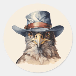 Funny pigeon wearing a cowboy hat, watercolor classic round sticker