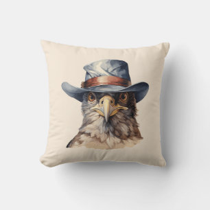 Funny pigeon wearing a cowboy hat, watercolor throw pillow