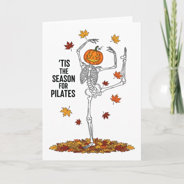 Funny Pilates Skeleton Pumpkin Yoga Halloween Fall Card (Front)
