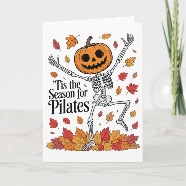 Funny Pilates Skeleton Pumpkin Yoga Halloween Fall Card (Front)