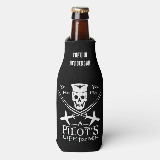 Funny Pilot Skull Airplanes Pirate Humour | Custom Bottle Cooler (Bottle Front)