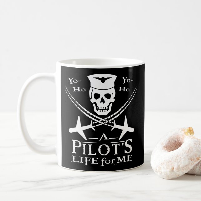 Funny Pilot Skull Cross Airplanes Pirate Humour Wh Coffee Mug (With Donut)