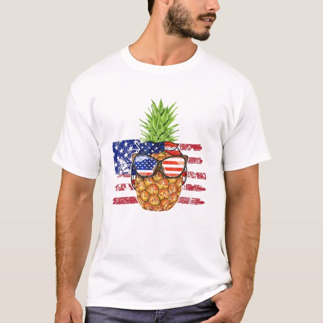 Funny Pineapple Wearing Sunglasses American Flag 4 T-Shirt (Front)