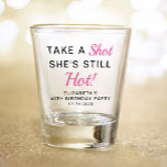 Funny Pink 40th Birthday Party Favour Shot Glass<br><div class="desc">Funny pink and black "Take a Shot She's Still Hot" 40th birthday party favour shot glass. Personalize with her name,  age and the party date.</div>