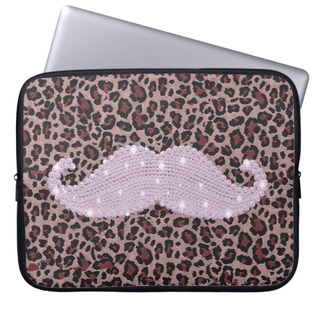 Funny Pink Bling Moustache And Animal Print Laptop Sleeve (Front)