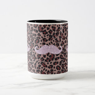 Funny Pink Bling Moustache And Animal Print Patter Two-Tone Coffee Mug