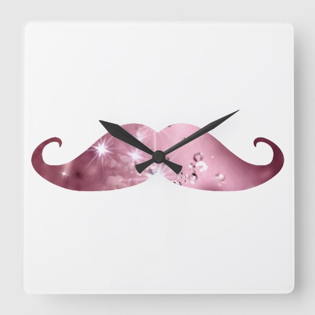 Funny Pink Bling Moustache Square Wall Clock (Front)