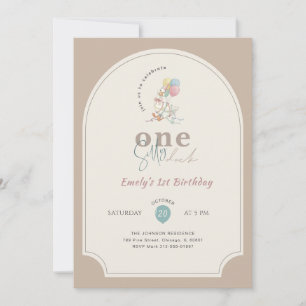 Funny Pink Bow Balloon One Silly Duck 1st Birthday Invitation