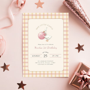 Funny Pink Bow One Little Goose 1st Birthday Party Invitation