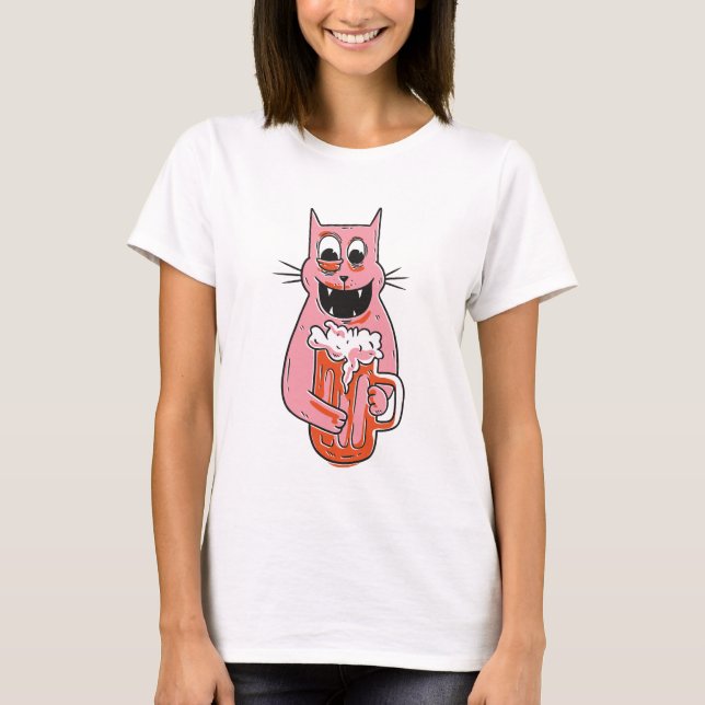 Funny Pink Cat With Beer T-Shirt (Front)