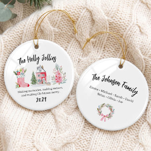 Funny Pink Christmas Family Group Ceramic Ornament