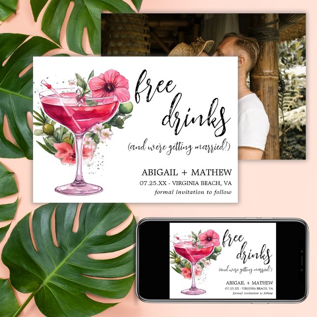 Funny Pink Cocktail Trendy Modern Photo Wedding  Save The Date (Funny Pink Cocktail Trendy Modern Photo Wedding Save The Date - Front, Back, Digital)