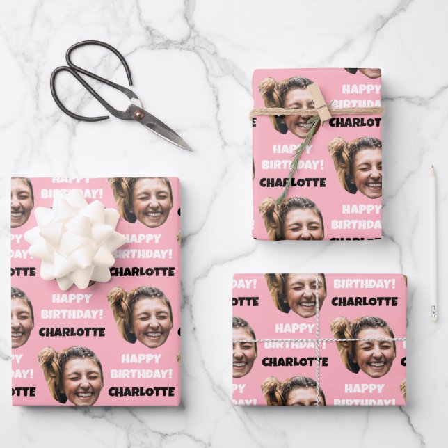Funny Pink Custom Face Photo Happy Birthday Wrapping Paper Sheet (Front)