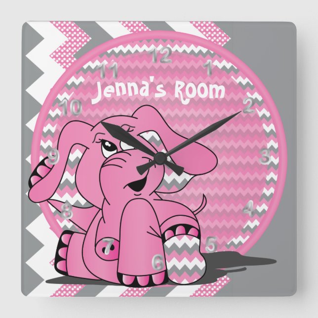 Funny Pink Elephant on Chevron Background Square Wall Clock (Front)