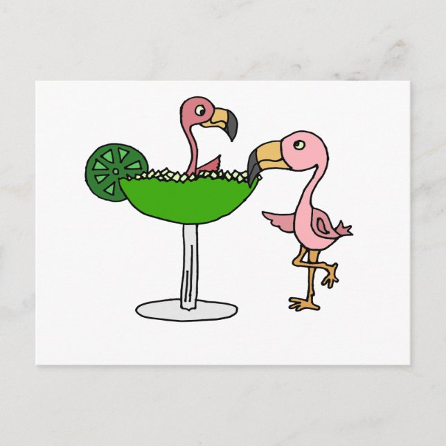 Funny Pink Flamingo and Margarita Postcard (Front)