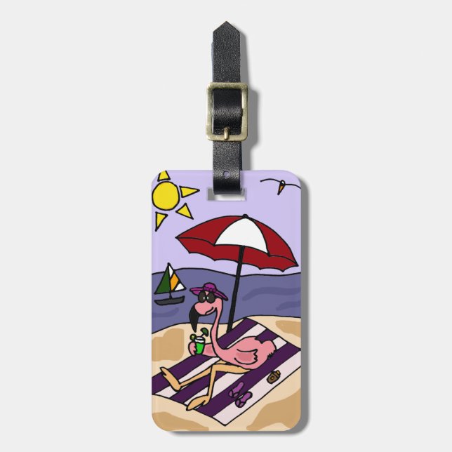 Funny Pink Flamingo at the Beach Luggage Tag (Front Vertical)