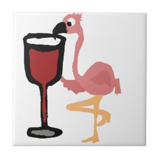 Funny Pink Flamingo Drinking Red Wine Tile