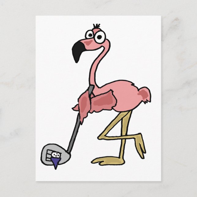 Funny Pink Flamingo Golfing Art Postcard (Front)